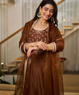 Brown color vichitra silk stylish partywear readymade kurta set with dupatta 3