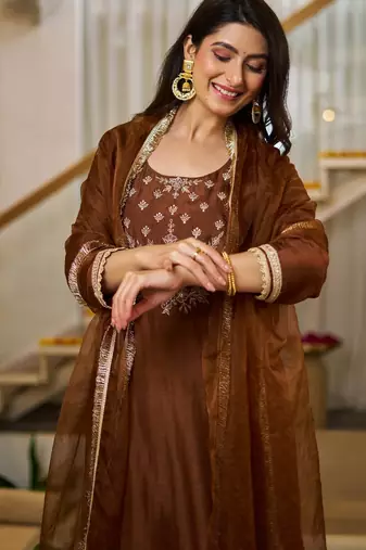 Brown color vichitra silk stylish partywear readymade kurta set with dupatta