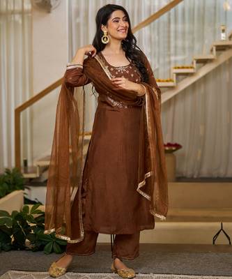 Brown color vichitra silk stylish partywear readymade kurta set with dupatta 4