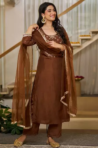 Brown color vichitra silk stylish partywear readymade kurta set with dupatta
