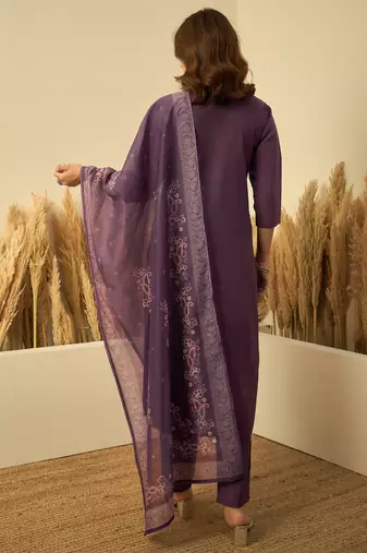 Lavender color stylish roman silk embroidered graceful partywear dress