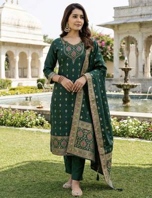 Green color art silk stylish partywear readymade kurta set with dupatta 1