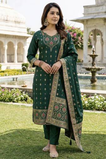 Green color art silk stylish partywear readymade kurta set with dupatta
