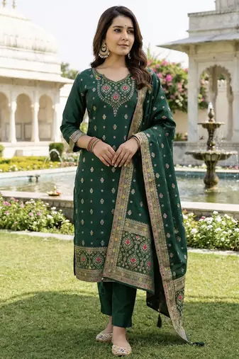 Green color art silk stylish partywear readymade kurta set with dupatta
