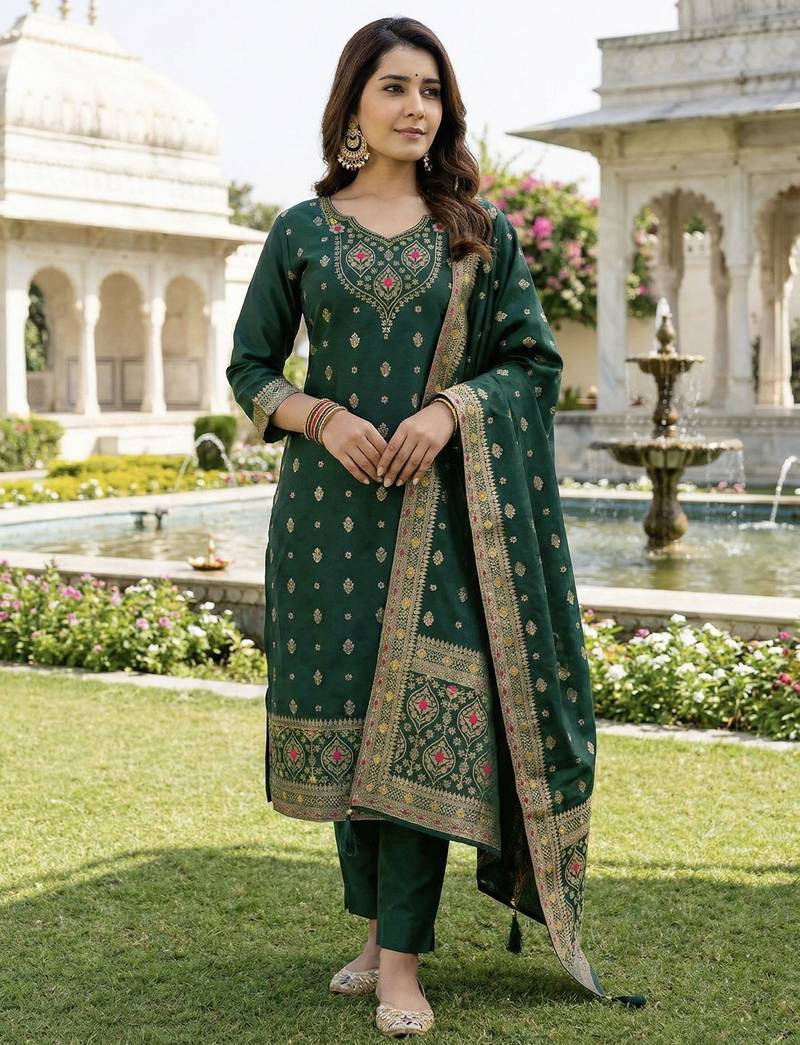 Green color art silk stylish partywear readymade kurta set with dupatta