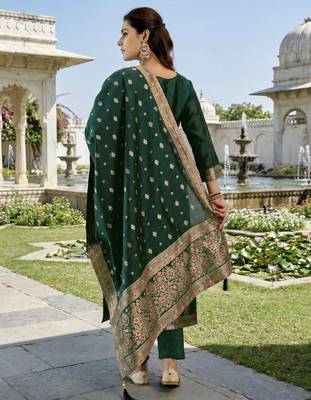 Green color art silk stylish partywear readymade kurta set with dupatta 2