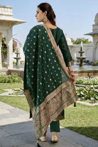 Green color art silk stylish partywear readymade kurta set with dupatta