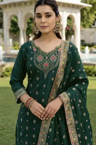 Green color art silk stylish partywear readymade kurta set with dupatta