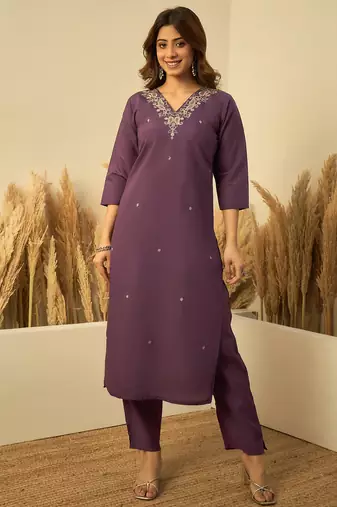 Lavender color stylish roman silk embroidered graceful partywear dress