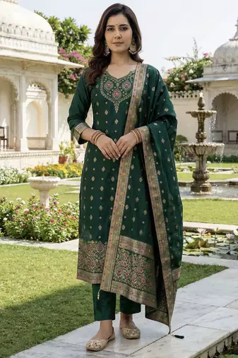 Green color art silk stylish partywear readymade kurta set with dupatta