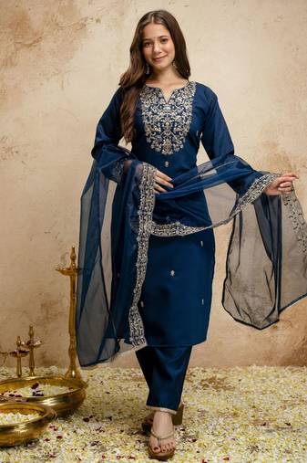 Petrol color chanderi partywear readymade salwar kameez for graceful looks