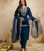 Petrol color chanderi partywear readymade salwar kameez for graceful looks