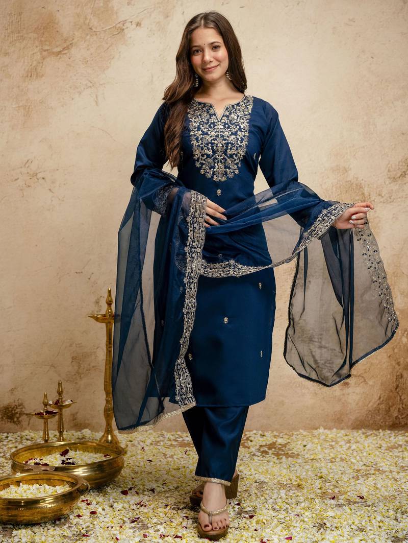 Petrol color chanderi partywear readymade salwar kameez for graceful looks