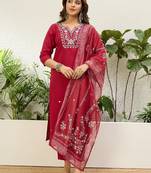 Cherry color stylish roman silk embroidered graceful partywear dress
