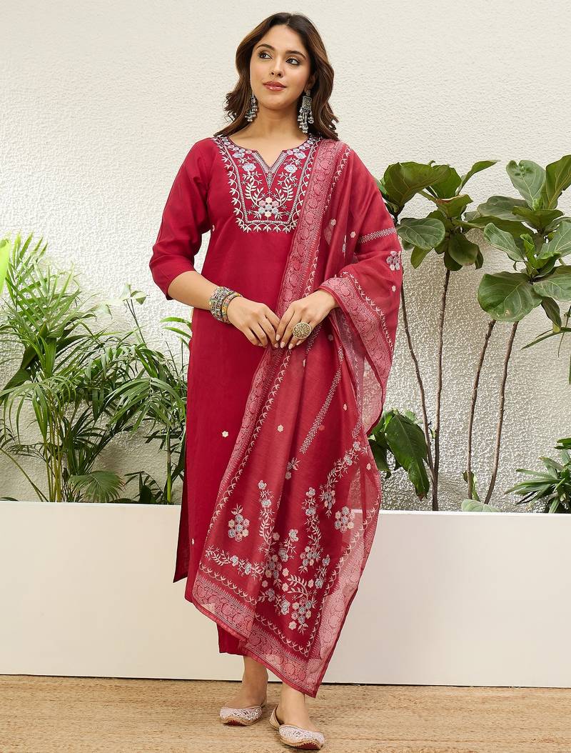 Cherry color stylish roman silk embroidered graceful partywear dress