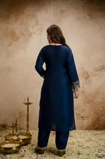 Petrol color chanderi partywear readymade salwar kameez for graceful looks