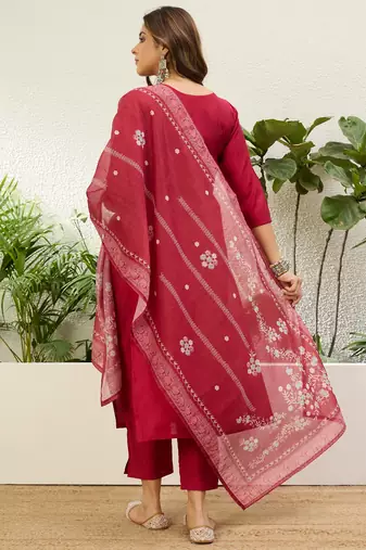Cherry color stylish roman silk embroidered graceful partywear dress