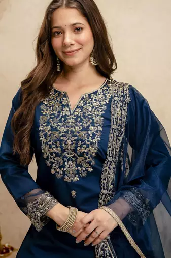 Petrol color chanderi partywear readymade salwar kameez for graceful looks