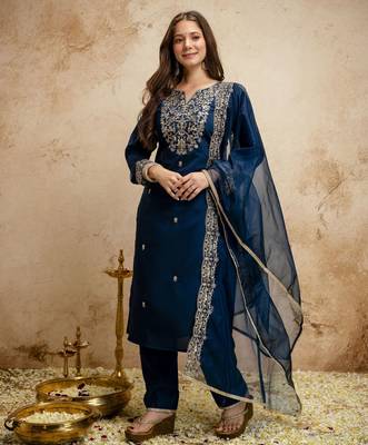 Petrol color chanderi partywear readymade salwar kameez for graceful looks 4