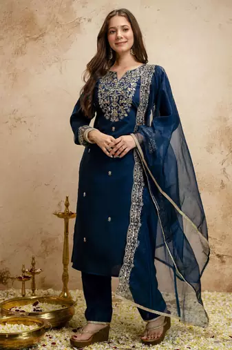 Petrol color chanderi partywear readymade salwar kameez for graceful looks