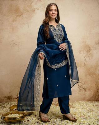 Petrol color chanderi partywear readymade salwar kameez for graceful looks 5