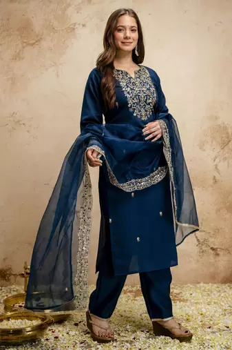 Petrol color chanderi partywear readymade salwar kameez for graceful looks