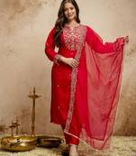 Red color chanderi partywear readymade salwar kameez for graceful looks