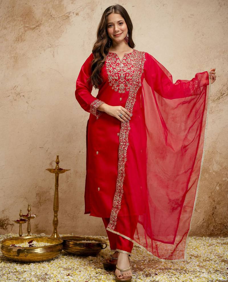 Red color chanderi partywear readymade salwar kameez for graceful looks
