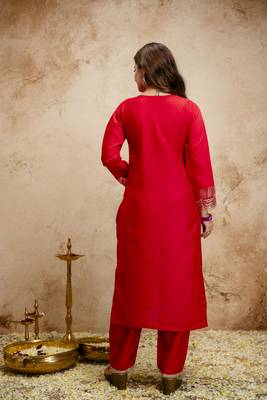 Red color chanderi partywear readymade salwar kameez for graceful looks 2