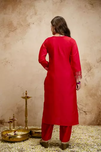 Red color chanderi partywear readymade salwar kameez for graceful looks