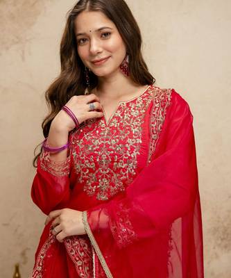 Red color chanderi partywear readymade salwar kameez for graceful looks 3