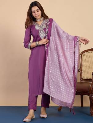 Purple color stylish silk blend embroidered graceful partywear dress 1
