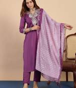 Purple color stylish silk blend embroidered graceful partywear dress