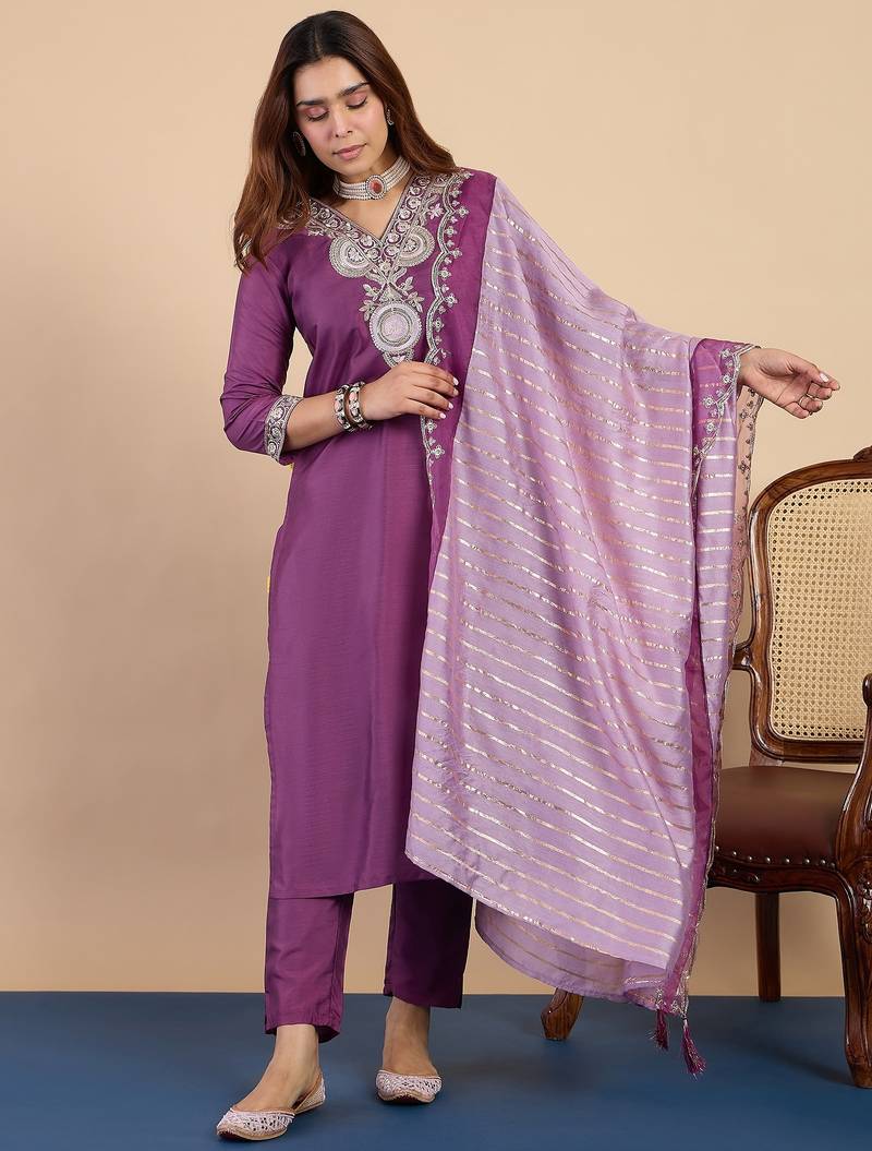Purple color stylish silk blend embroidered graceful partywear dress