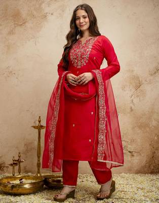 Red color chanderi partywear readymade salwar kameez for graceful looks 4