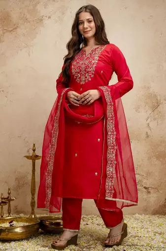 Red color chanderi partywear readymade salwar kameez for graceful looks