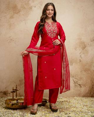 Red color chanderi partywear readymade salwar kameez for graceful looks 5