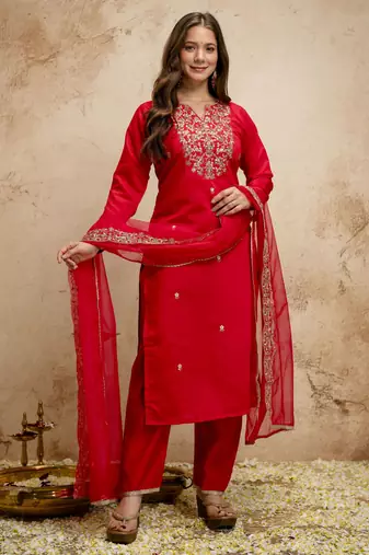 Red color chanderi partywear readymade salwar kameez for graceful looks