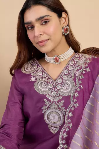 Purple color stylish silk blend embroidered graceful partywear dress