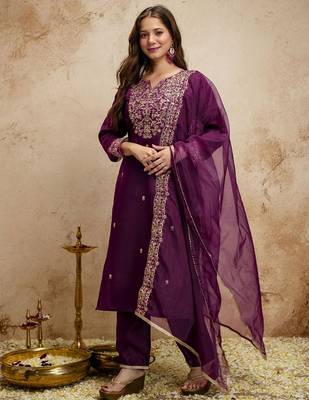 Wine color chanderi partywear readymade salwar kameez for graceful looks 1
