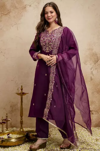 Wine color chanderi partywear readymade salwar kameez for graceful looks