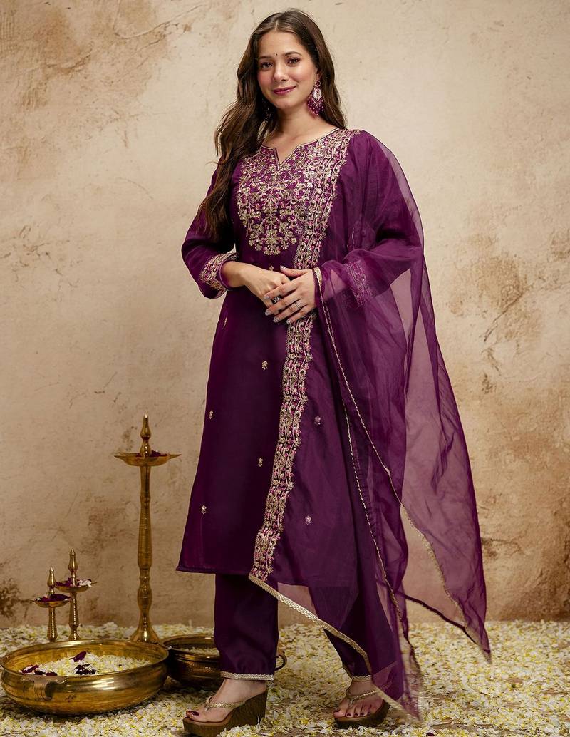 Wine color chanderi partywear readymade salwar kameez for graceful looks