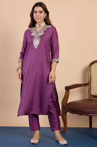 Purple color stylish silk blend embroidered graceful partywear dress