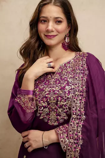 Wine color chanderi partywear readymade salwar kameez for graceful looks