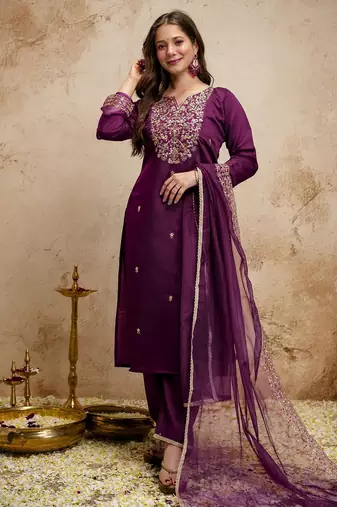 Wine color chanderi partywear readymade salwar kameez for graceful looks