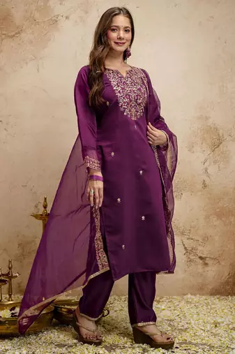 Wine color chanderi partywear readymade salwar kameez for graceful looks
