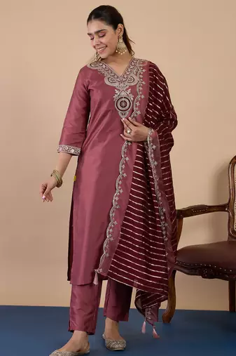 Coffee color stylish silk blend embroidered graceful partywear dress