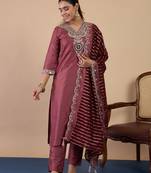 Coffee color stylish silk blend embroidered graceful partywear dress