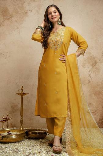 Yellow color chanderi partywear readymade salwar kameez for graceful looks