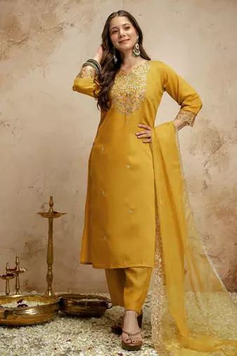 Yellow color chanderi partywear readymade salwar kameez for graceful looks